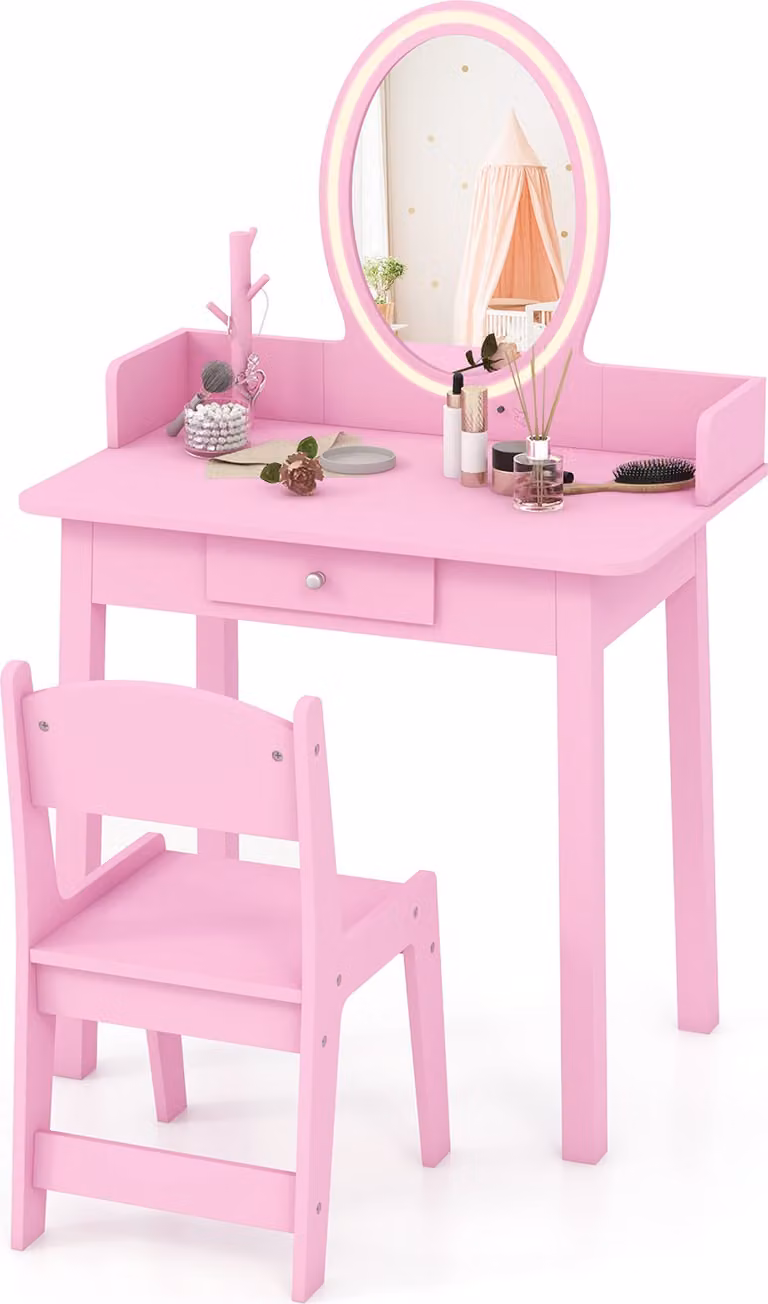 COSTWAY Tavolino da toilette per bambini 2in1 con sgabello, illuminazione, cassetto e organizer per gioielli, tavolino da toilette in legno da principessa per bambini dai 3 anni in su Rosa