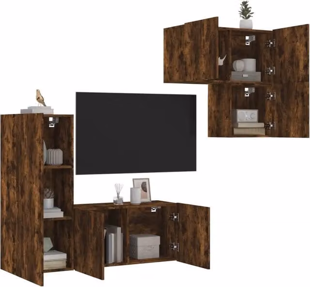 Mobili TV a Muro 4pz Rovere Fumo in Legno Multistrato 3216432