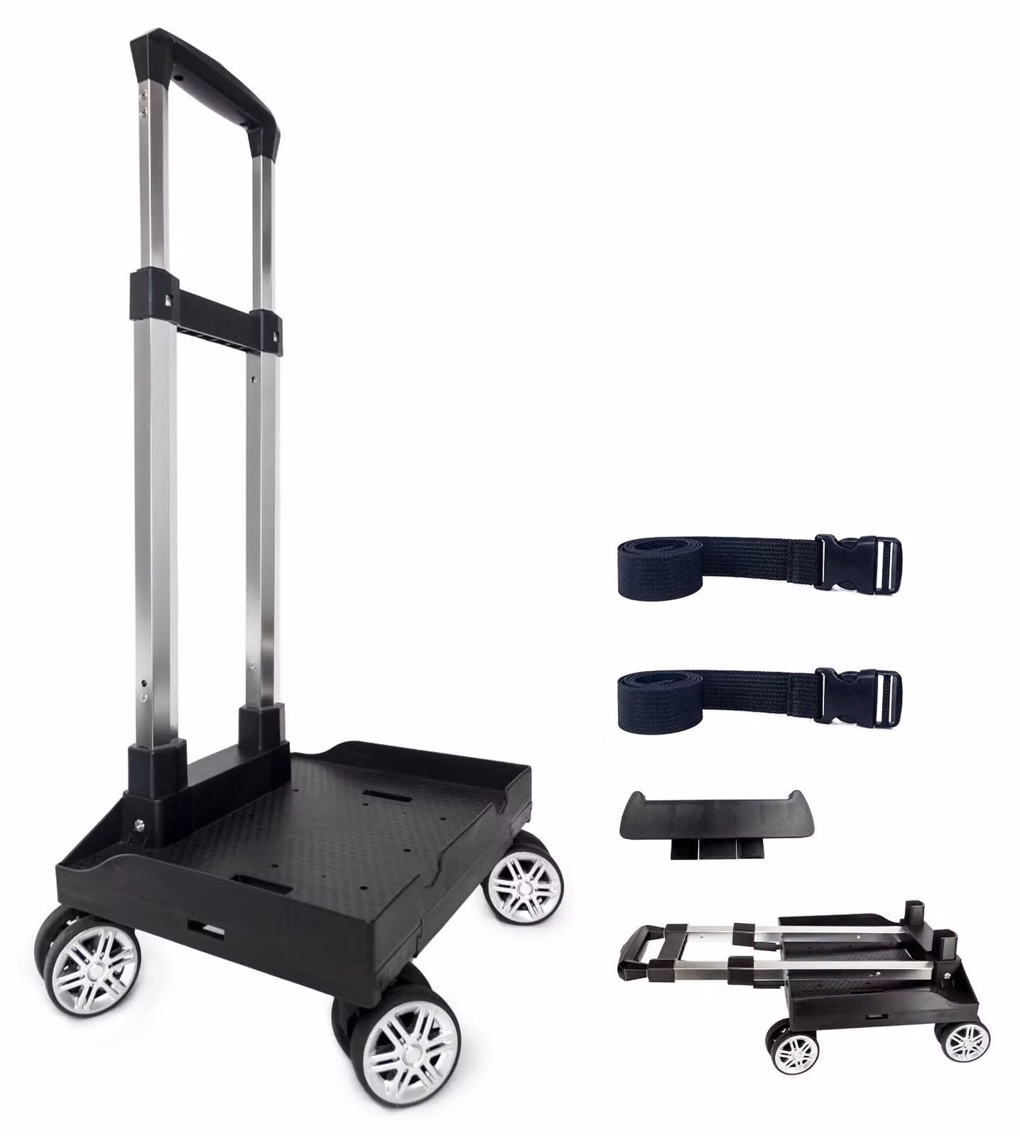 Carrello trolley con ruote, 4 ruote, carrello portante in alluminio, pieghevole, con cinghia di fissaggio, nero, ideale per la scuola
