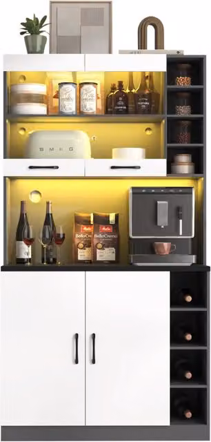 Mobile cucina alto 100 x 47 x 187 cm con LED; spazio microonde; grigio e bianco