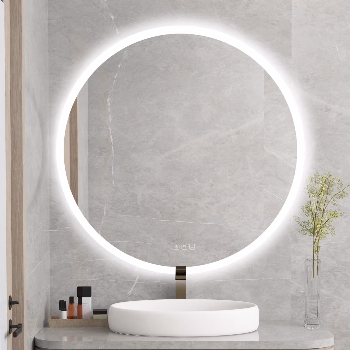 Specchio da bagno LED rotondo, diametro 500 mm, con touch screen, 3 tonalità di luce, dimmerabile