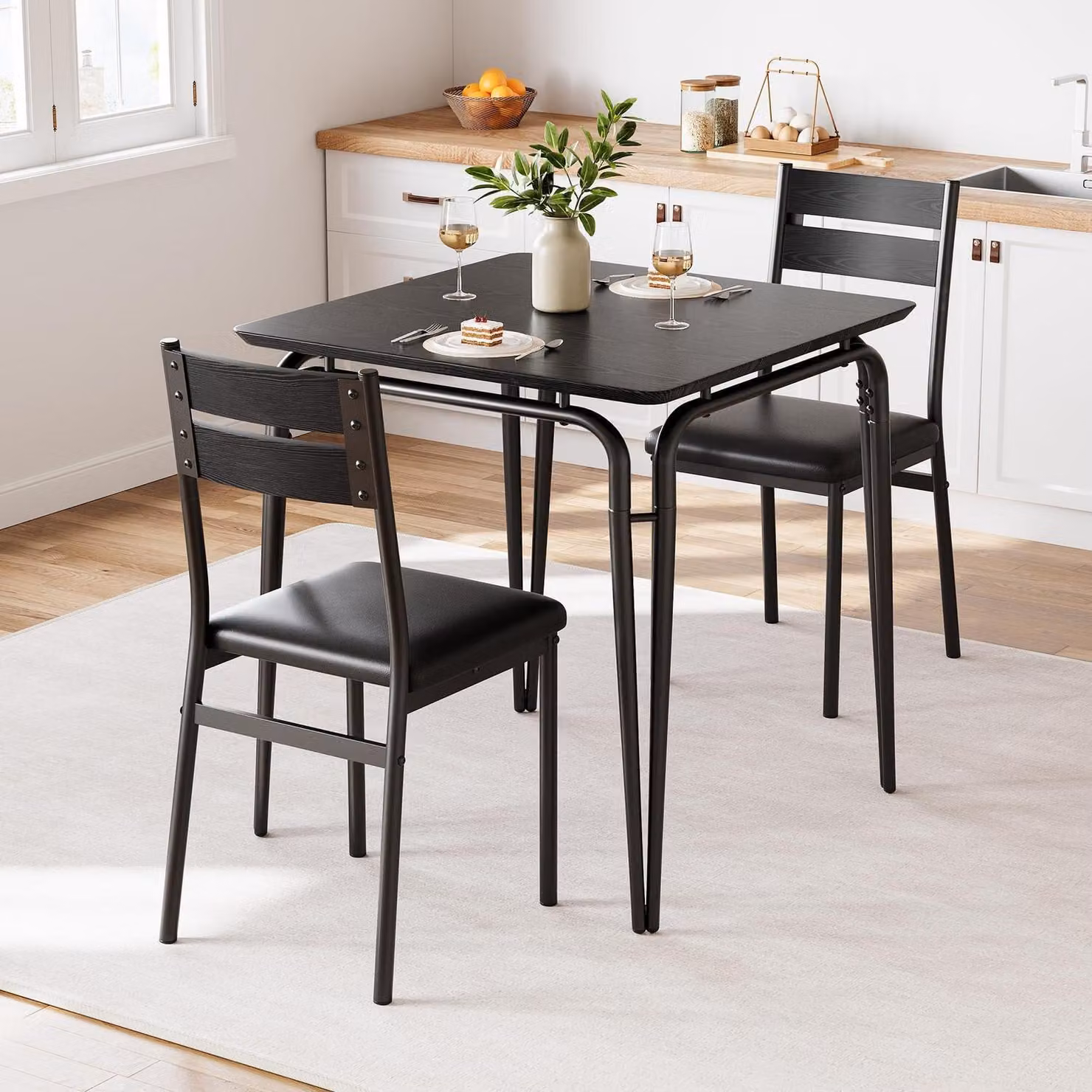 Set da pranzo componibile per 2 persone, composto da 3 elementi, forma quadrata, salvaspazio, colore nero