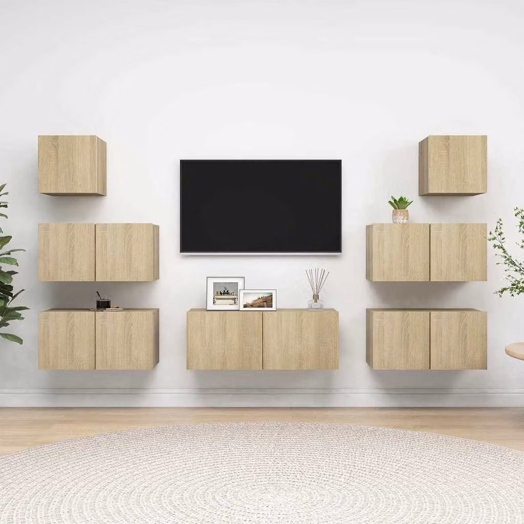 Set di mobili porta TV moderno vidaXL in 7 pezzi color rovere con finitura opaca e legno multistrato per il tuo soggiorno
