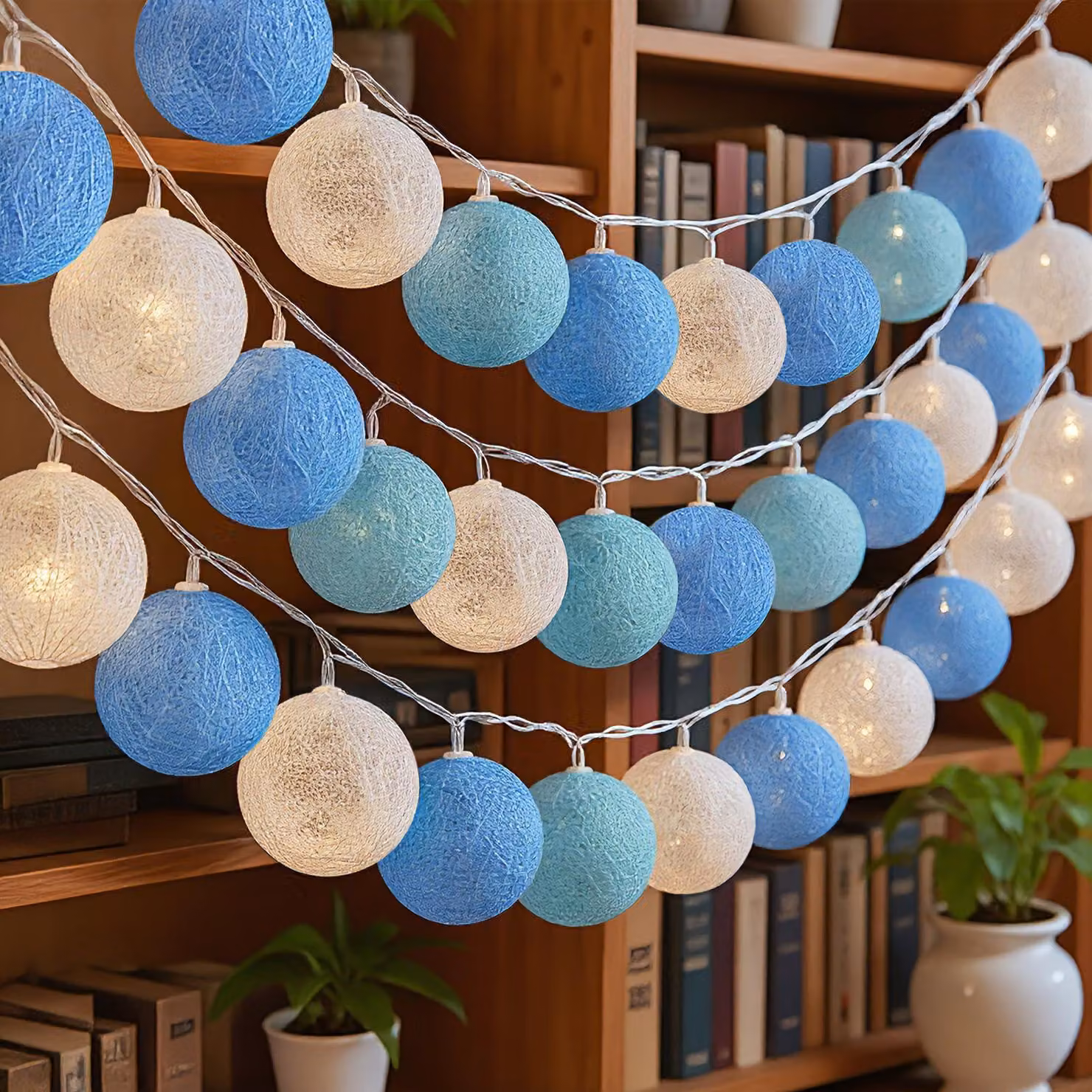 Catena luminosa con palline di cotone, lunghezza 3 metri, 20 LED, colore blu, alimentazione a batteria