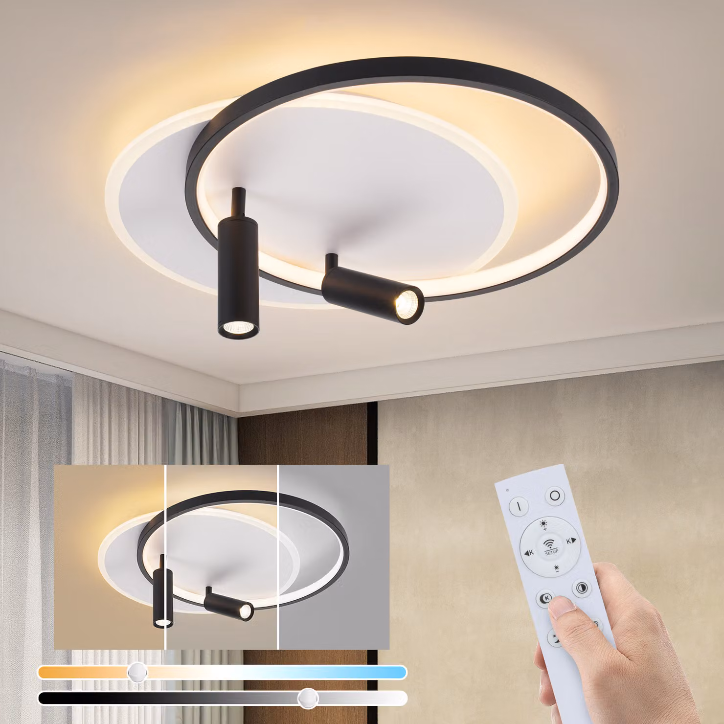 ZMH lampada da soffitto LED soggiorno 52W lampada da soggiorno dimmerabile con 2 faretti da soffitto nero con telecomando moderno acrilico camera da letto lampada da cucina rotonda per la casa cucina