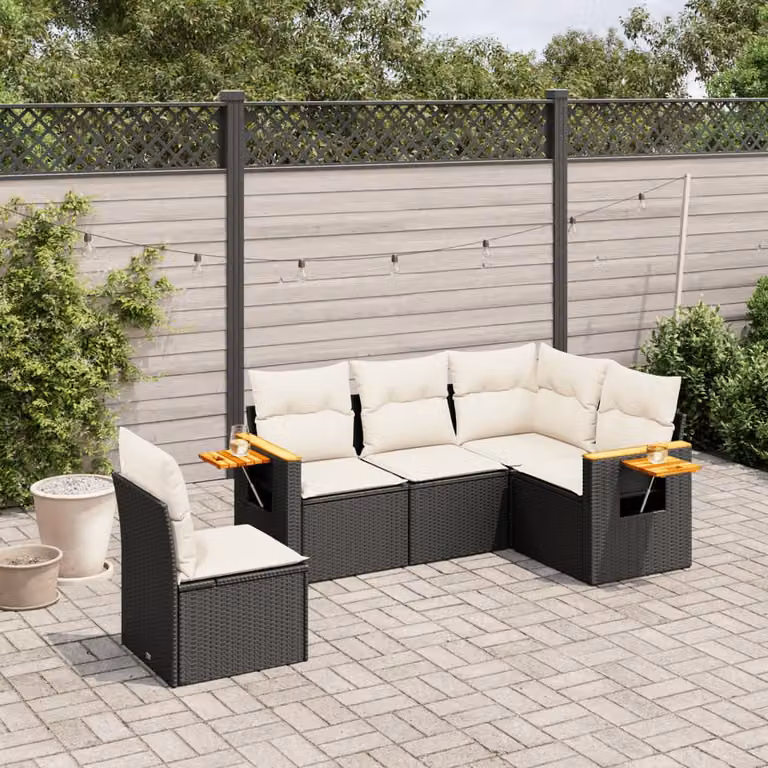vidaXL Set Divani da Giardino a L 5 pz in Polyrattan Nero con Cuscini e Tavolino da Esterno
