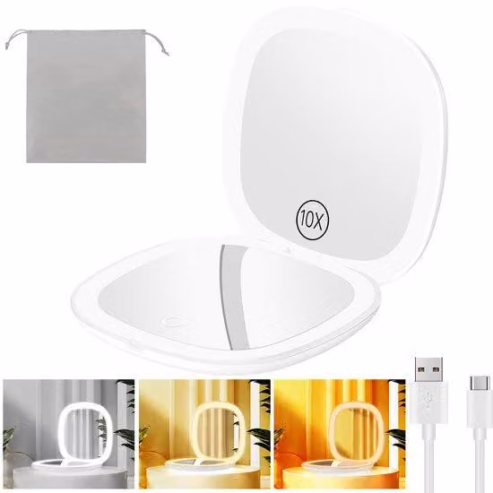 Specchi da viaggio compatti a LED con ingrandimento 1x/10x, 3 tonalità di luce e luminosità regolabile, piccoli specchi per il trucco, da portare in valigia, bianchi