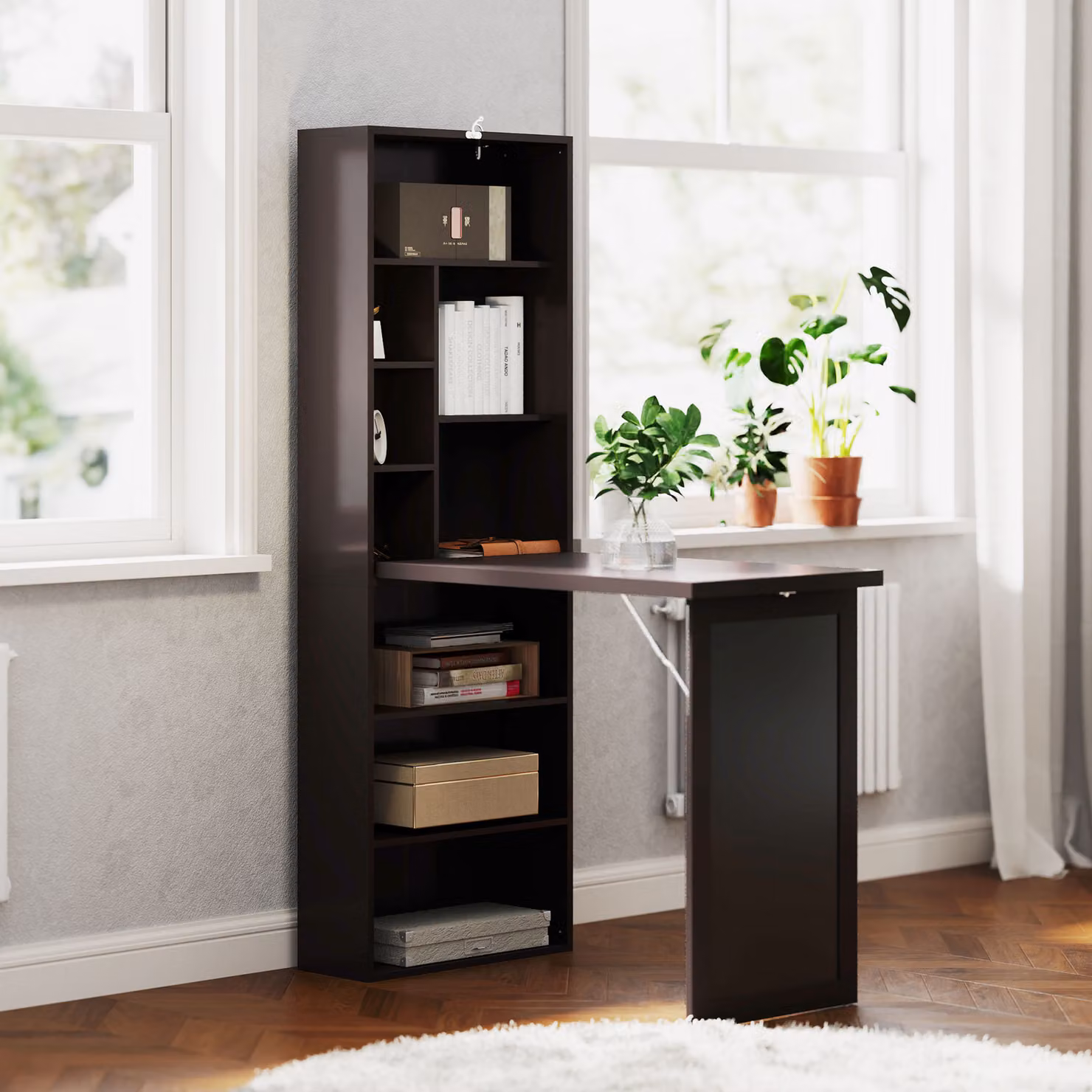 Scrivania Moderna Pieghevole HOMCOM con Libreria e Lavagna in Legno e Metallo, Marrone, L: 98 cm, P: 51 cm, H: 153 cm – 2