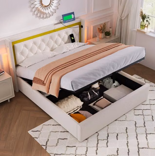 Letto matrimoniale imbottito 140x200 cm con contenitore, illuminazione LED e ricarica USB/Type-C, struttura in cotone beige chiaro