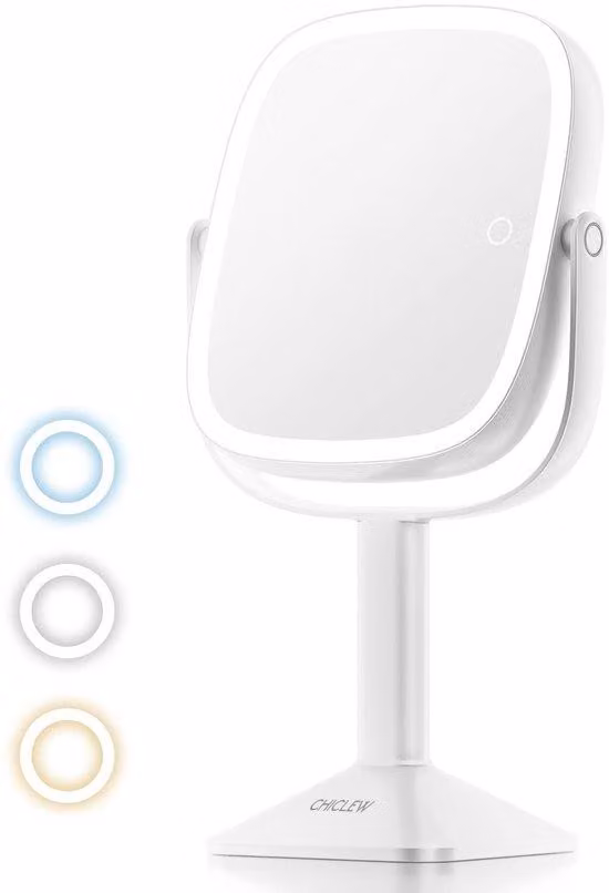 Grande specchio da tavolo cosmetico ricaricabile 1X/10X, ruotabile a 360°, bifacciale, illuminabile, con base rimovibile