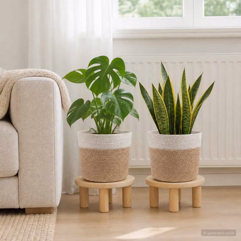 Set di 2 vasi per piante rotondi vidaXL in ceramica e juta, colori bianco, beige e marrone, Ø 21 cm