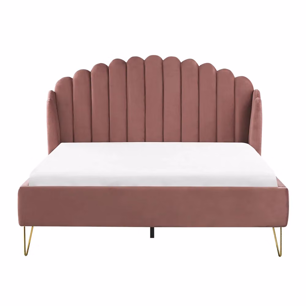 Letto Beliani in velluto rosa con testata capitonné e rete a doghe in legno L: 160 cm, P: 200 cm, H: 126 cm – 2