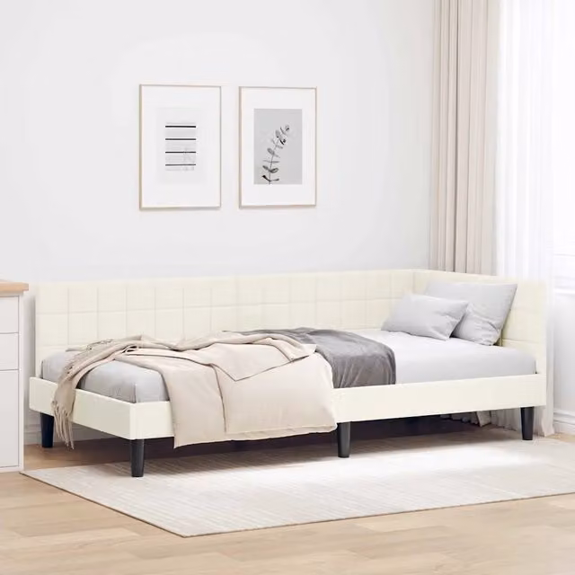 Letto ad angolo asimmetrico vidaXL in velluto beige con struttura in legno e listelli fissi L/P/H: 194 x 140 x 94 cm