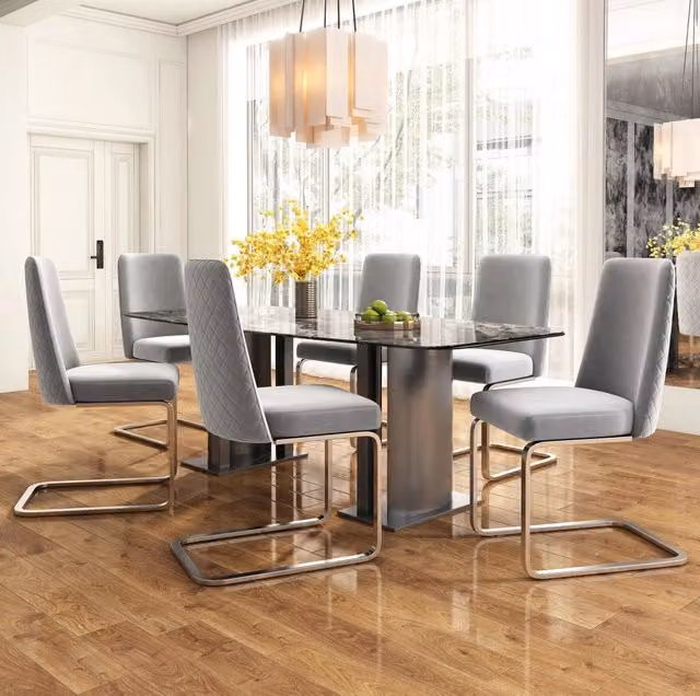 Set di 6 sedie da pranzo 88 cm in velluto grigio, gambe in metallo argentato