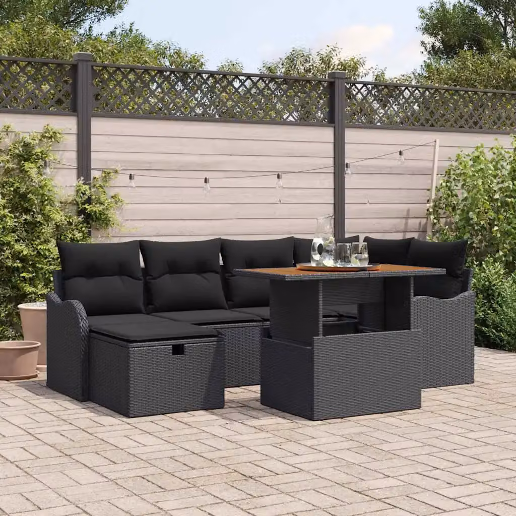 Set Divano da Giardino vidaXL in Polyrattan Nero con Cuscini e Tavolino da 7 Pezzi – 1