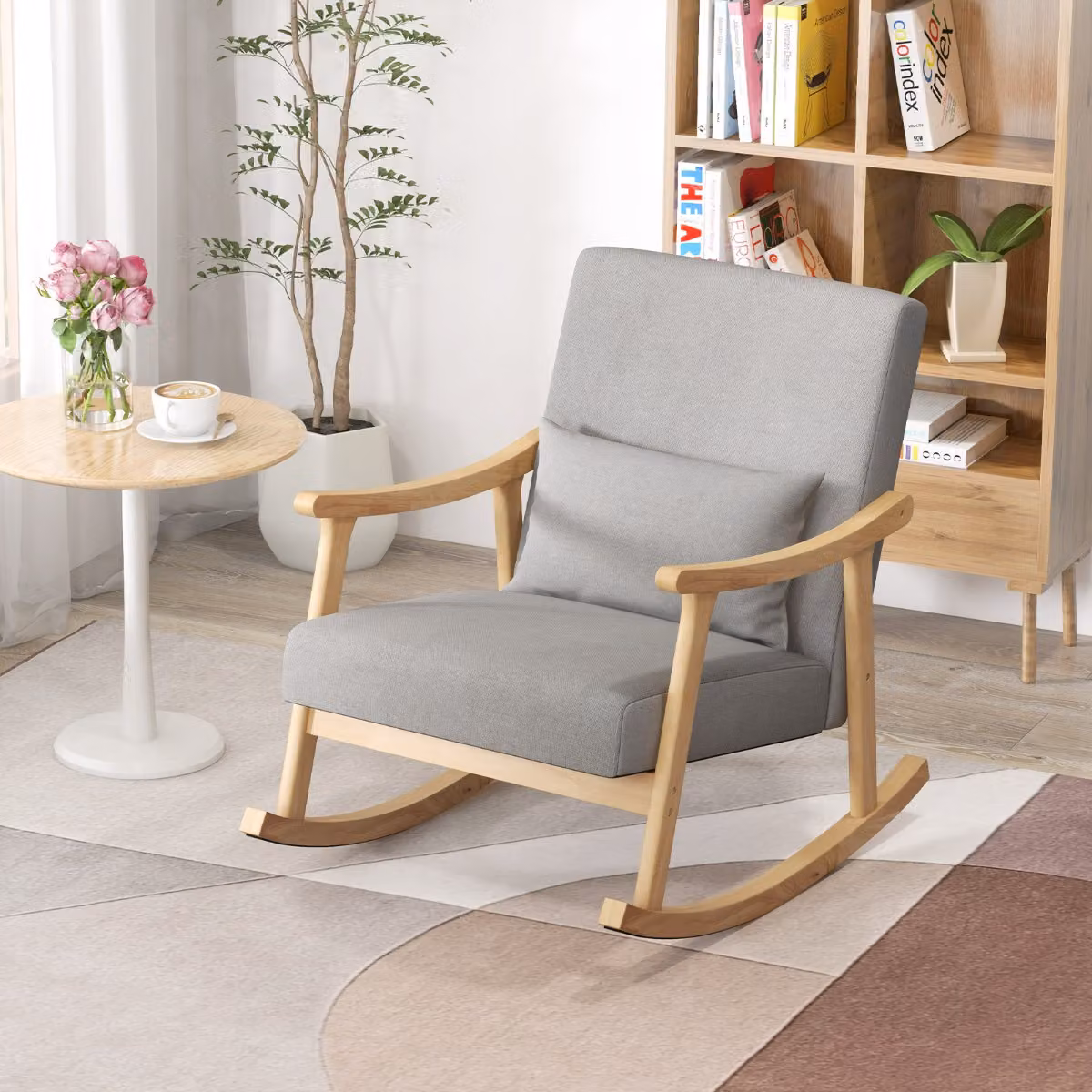 Poltrona a dondolo Costway in legno di gomma con braccioli e sedile imbottito in tessuto, stile scandinavo per interni, colore naturale