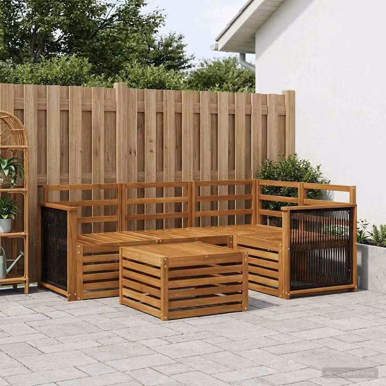 Set di divani da esterno vidaXL a forma di L con tavolo da caffè, in legno di acacia marrone e poliestere resistente ai raggi UV, 5 pezzi