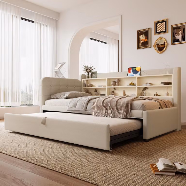 Abrihome divano letto 90×200 cm daybed con letto estraibile, USB e Type-C, daybed con rete a doghe - Beige