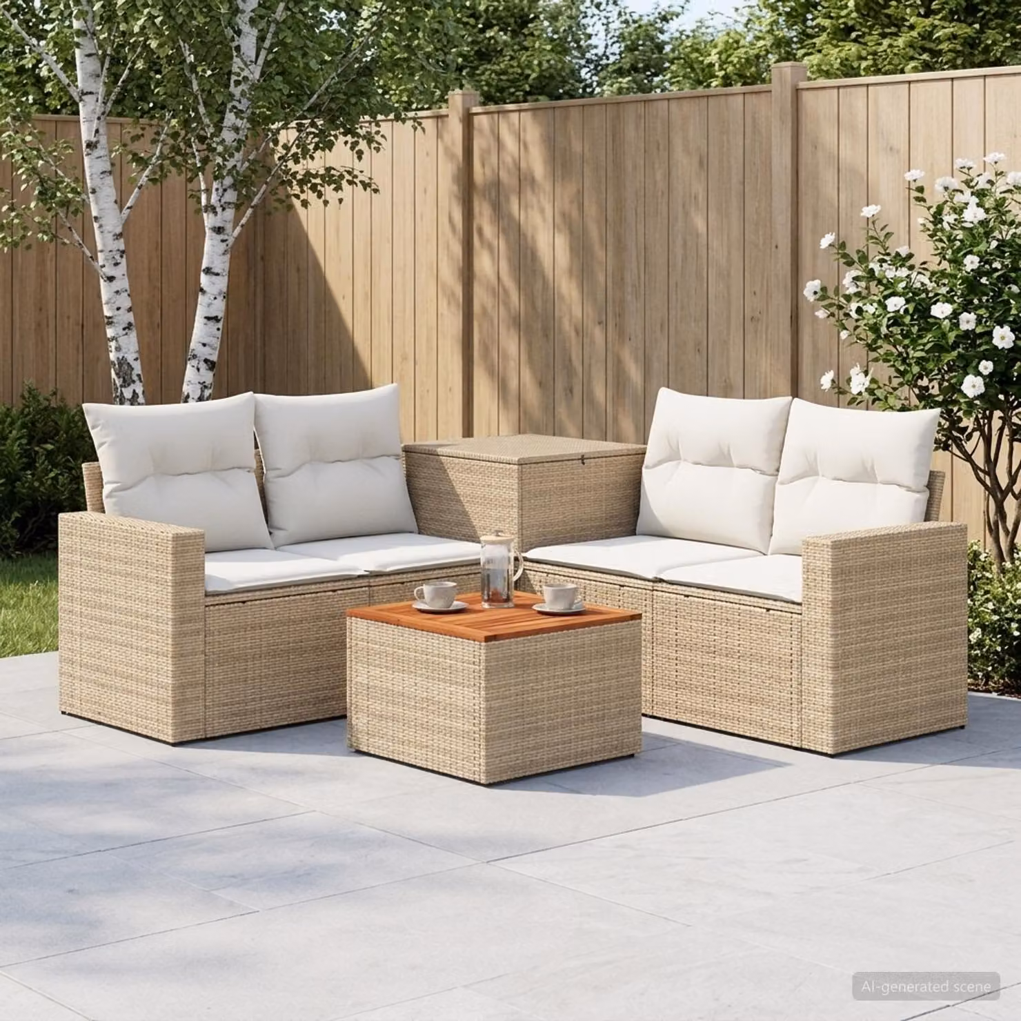 vidaXL Set di divani da giardino a L in polyrattan con tavolo da caffè, 6 pezzi, Beige e Bianco Crema