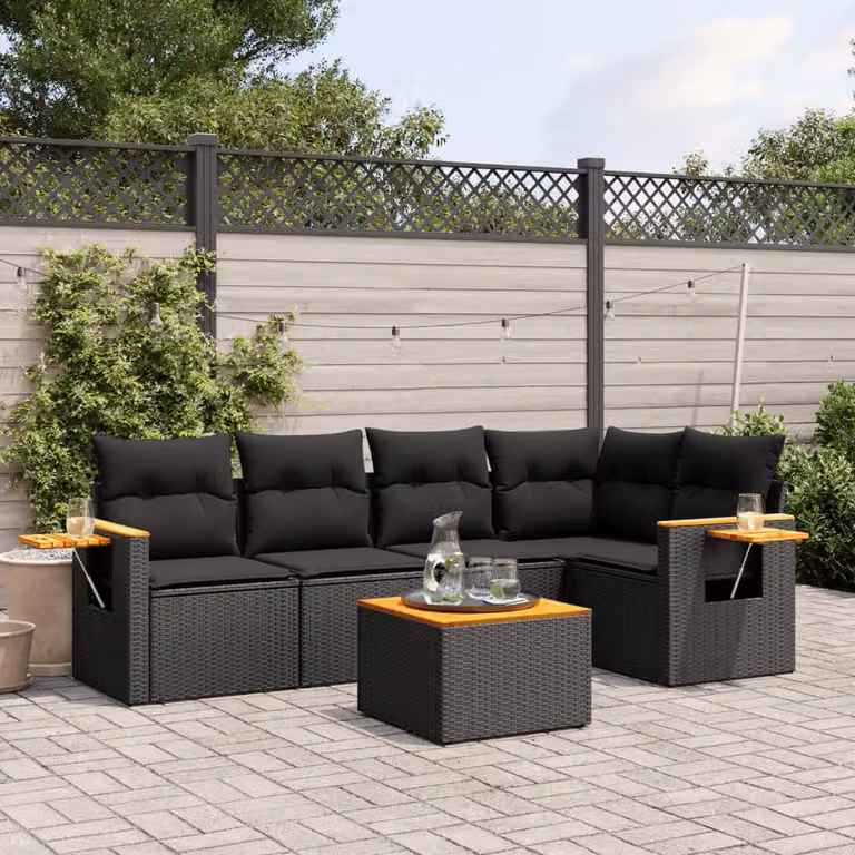 Set Divano da Giardino vidaXL 6 pz a L con Cuscini Nero in Polyrattan e Tavolino da Esterno