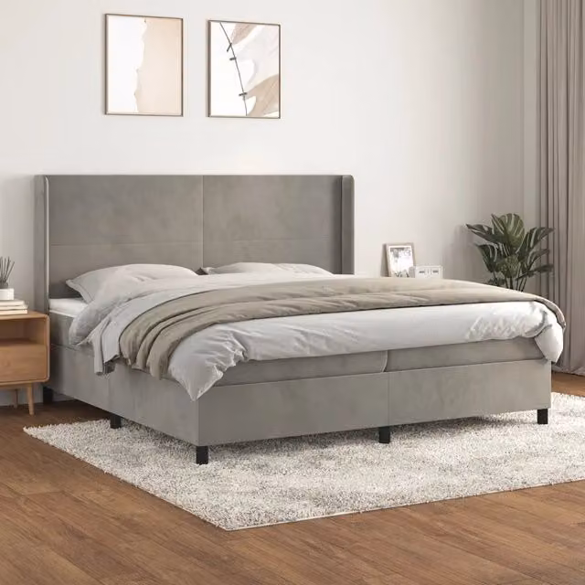 Letto matrimoniale con giroletto a molle e materasso ibrido vidaXL in velluto grigio e bianco L/P/H: 200 x 200 x 128 cm – 1