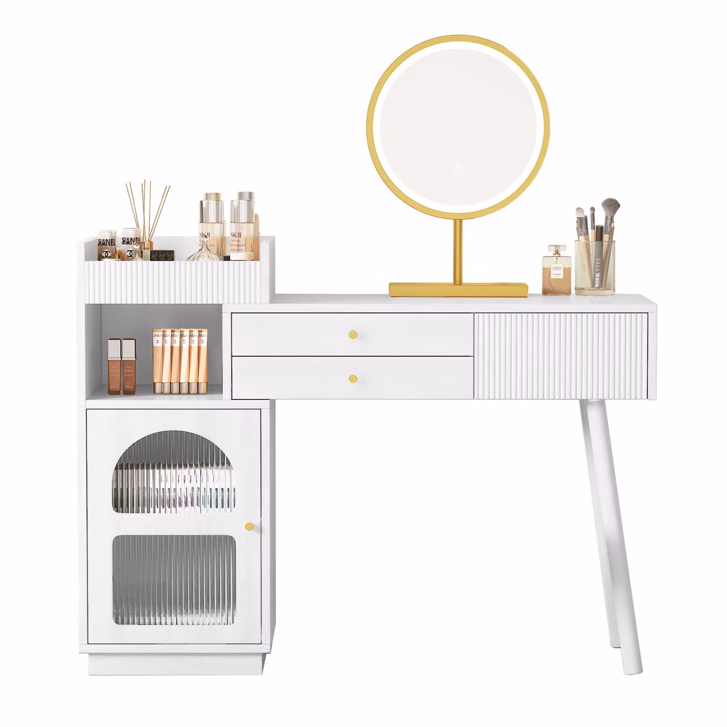 Set da toeletta con specchio a LED e illuminazione a 3 colori, toletta in legno con 3 cassetti e mobile laterale, struttura estraibile (senza sgabello), bianco, 120 cm, 40 cm, 90 cm, pannello truciolare