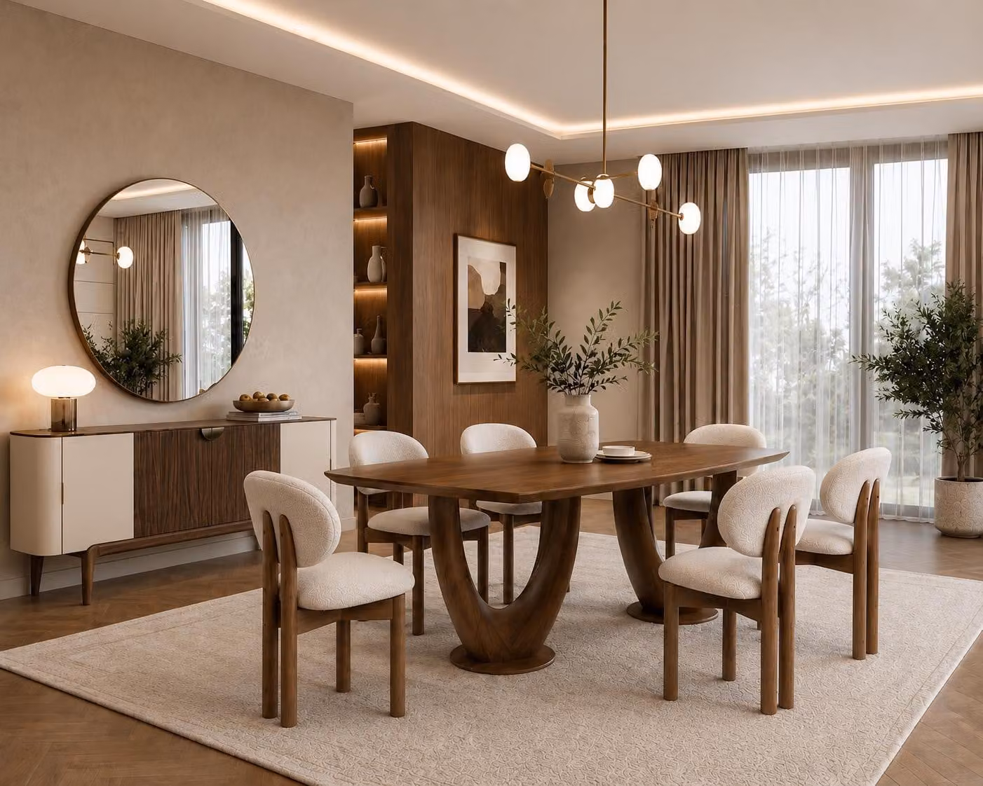 Set completo per sala da pranzo in stile moderno: tavolo con specchio e 6 sedie