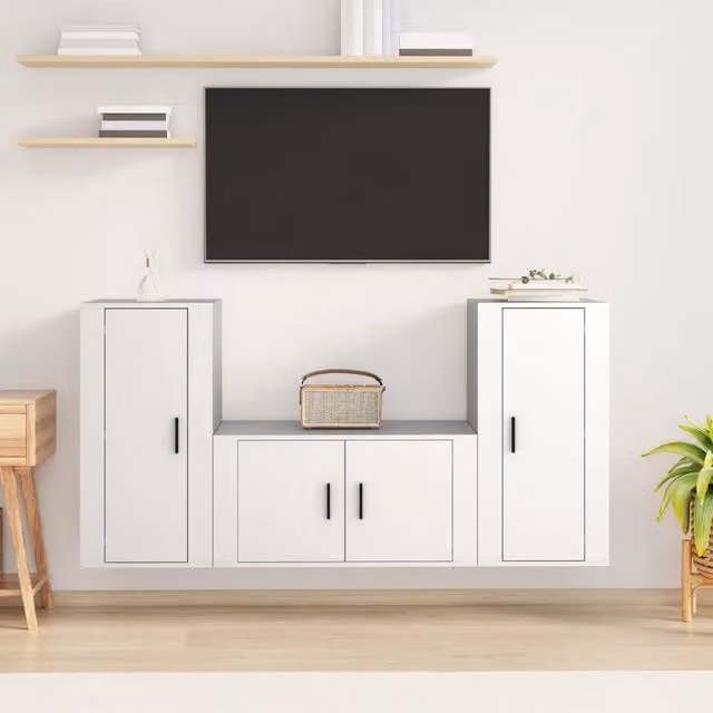 Set di mobili porta TV da 3 pezzi vidaXL in legno multistrato bianco per soggiorno, modello a parete