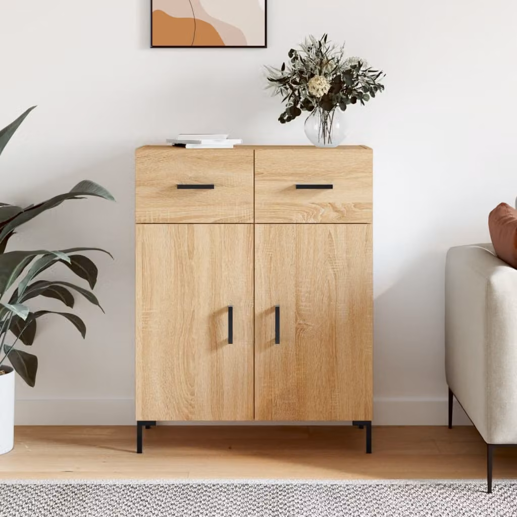 Credenza moderna vidaXL in rovere color marrone con dettagli in legno e metallo L: 69,5 cm, P: 34 cm, H: 90 cm