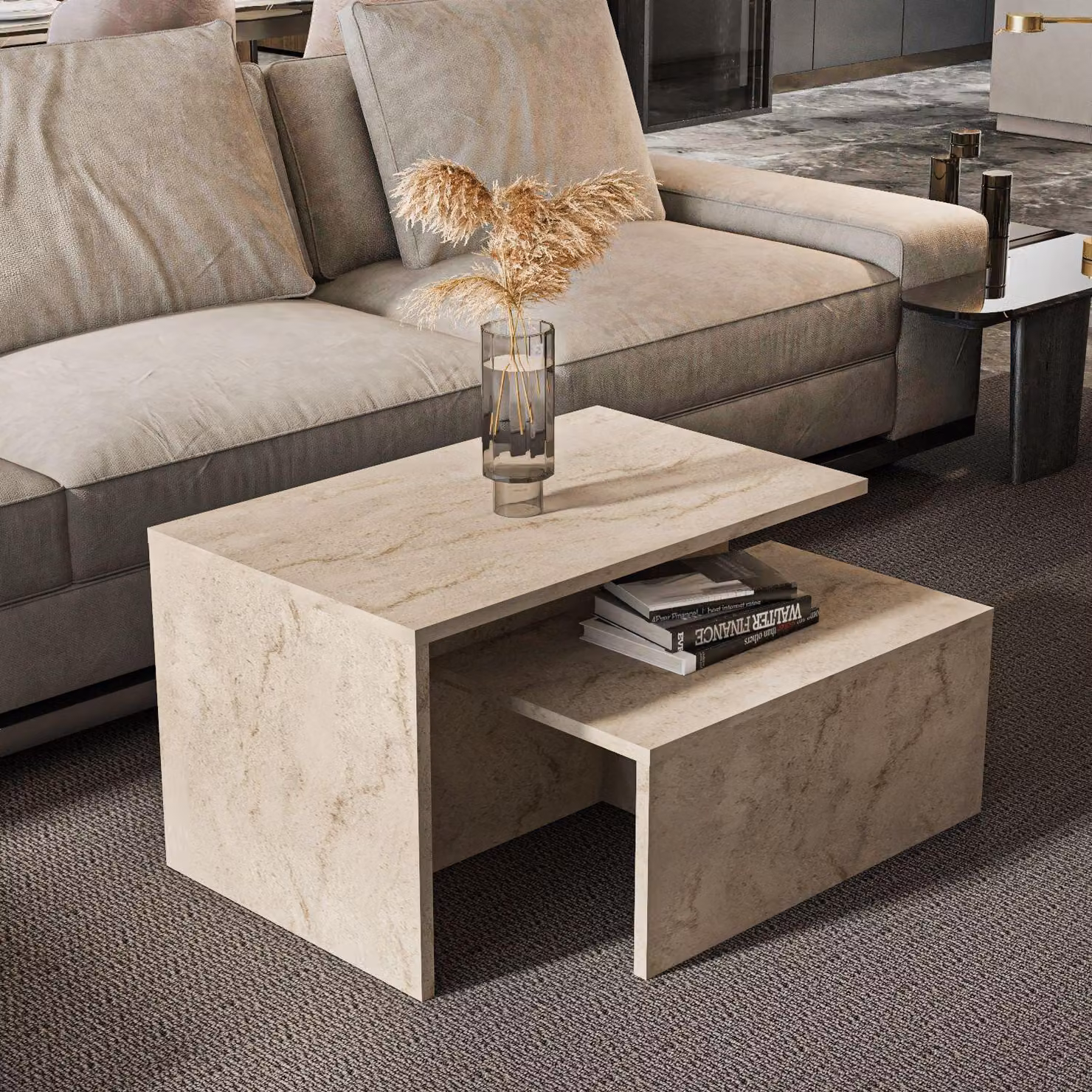 Skye Decor, Twins - Travertine, tavolino (2 pezzi), travertino, 100% pannello truciolare rivestito in melamina, 72 x 45 x 42 cm