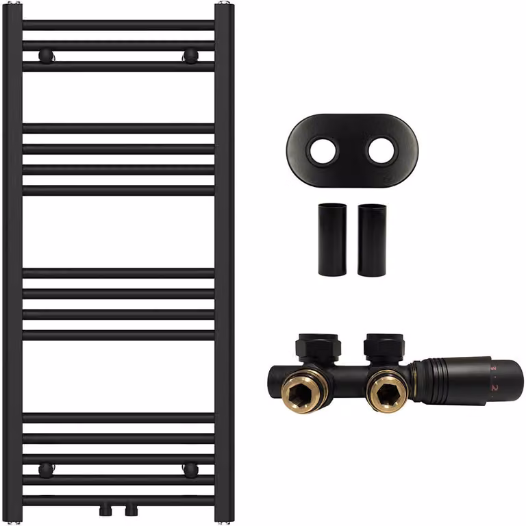 Kit radiatore per bagno Benito – riscaldamento centralizzato – attacco centrale da 50 mm – 343W – nero opaco – 1000x450 mm