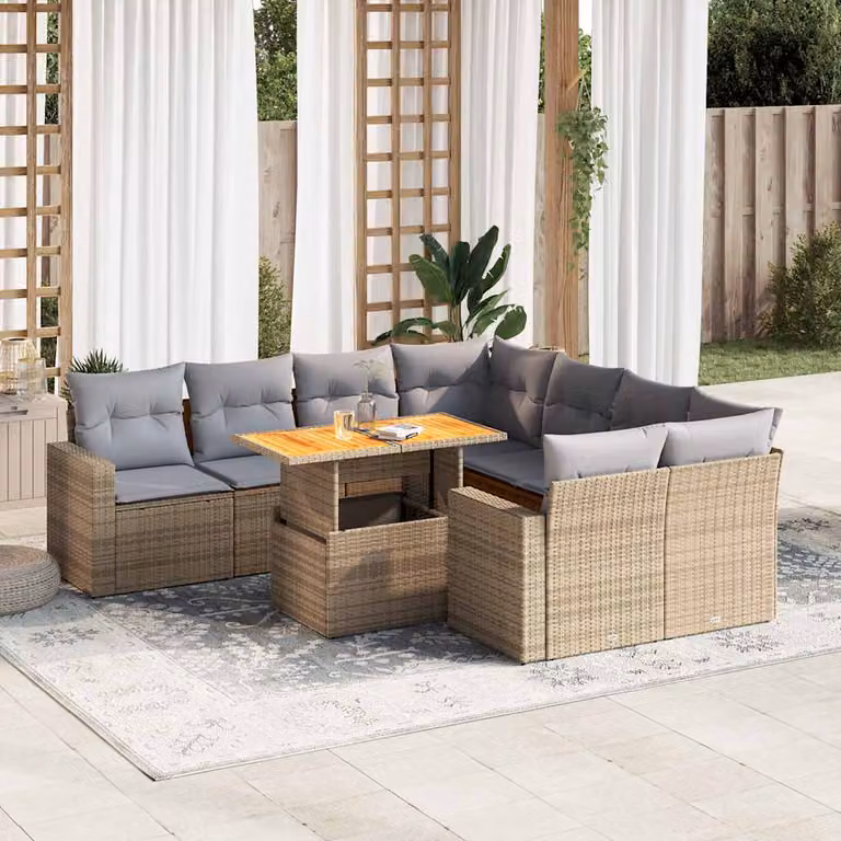 vidaXL Set Divano da Giardino 9 pz a L con Cuscini Beige e Tavolino da Caffè in Polyrattan e Legno di Acacia
