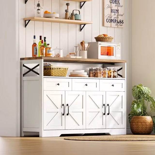 Credenza buffet 140 cm con 3 cassetti e 2 ante; mobile contenitore rustico in MDF; bianco e marrone