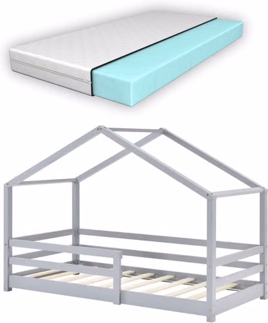 Letto per Bambino a Forma di Casetta con Barriere di Sicurezza e Materasso Ortopedico 70 x 140 cm Lettino in Legno di Pino con Sponde - Grigio Chiaro