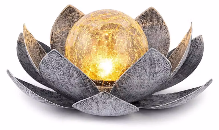 Lampada solare a forma di loto, realizzata in metallo e vetro effetto craquelé, luce bianco caldo, 28 cm