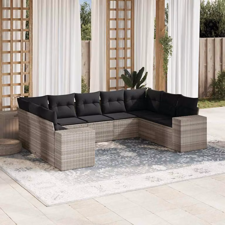 vidaXL Set Divano da Giardino a L 9pz in Polyrattan Grigio con Cuscini Imbottiti e Rivestimenti Rimovibili