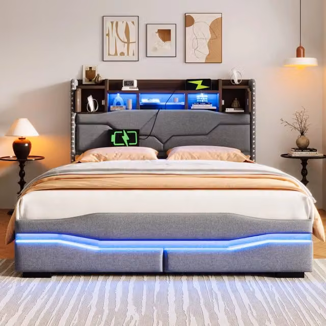 Letto contenitore 140x200 imbottito in lino grigio; sistema idraulico; LED e testiera con prese USB e Type-C