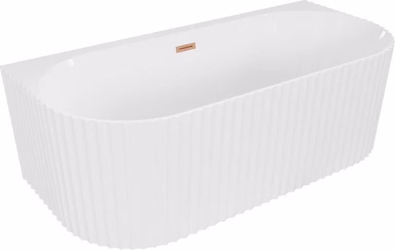 Mexen Sella vasca da bagno libera addossata rigata 150 x 75 cm, bianca lucida, troppopieno rame spazzolato - 52711507500-65