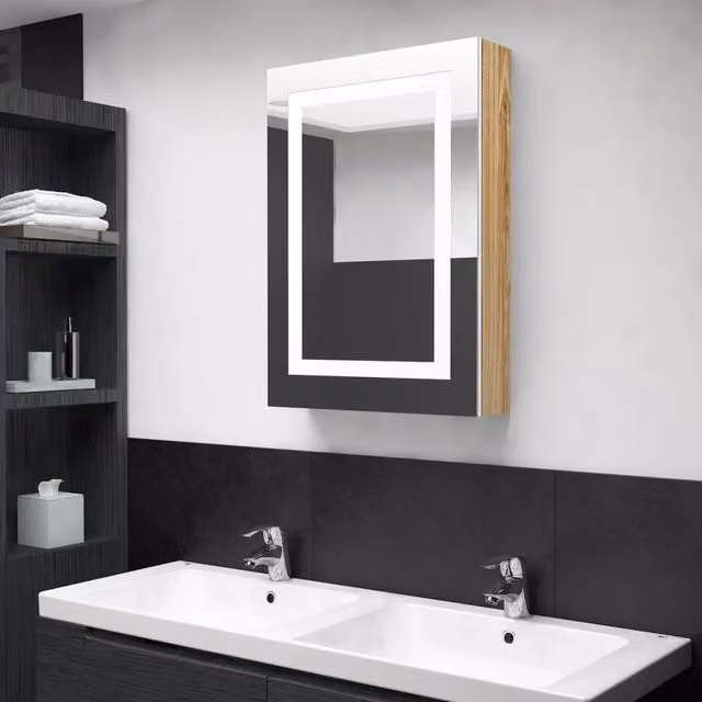 Armadietto da bagno moderno vidaXL con specchio e illuminazione LED, Bianco e Rovere, L: 50 cm, P: 13 cm, H: 70 cm