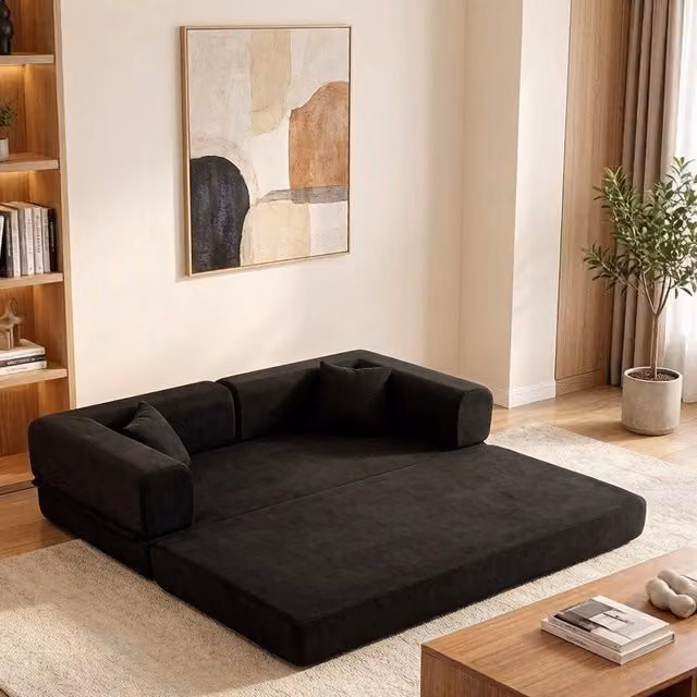 Divano letto convertibile ¨C Minimal ¨C nero, struttura fissa, tessuto velluto a coste, con cuscino