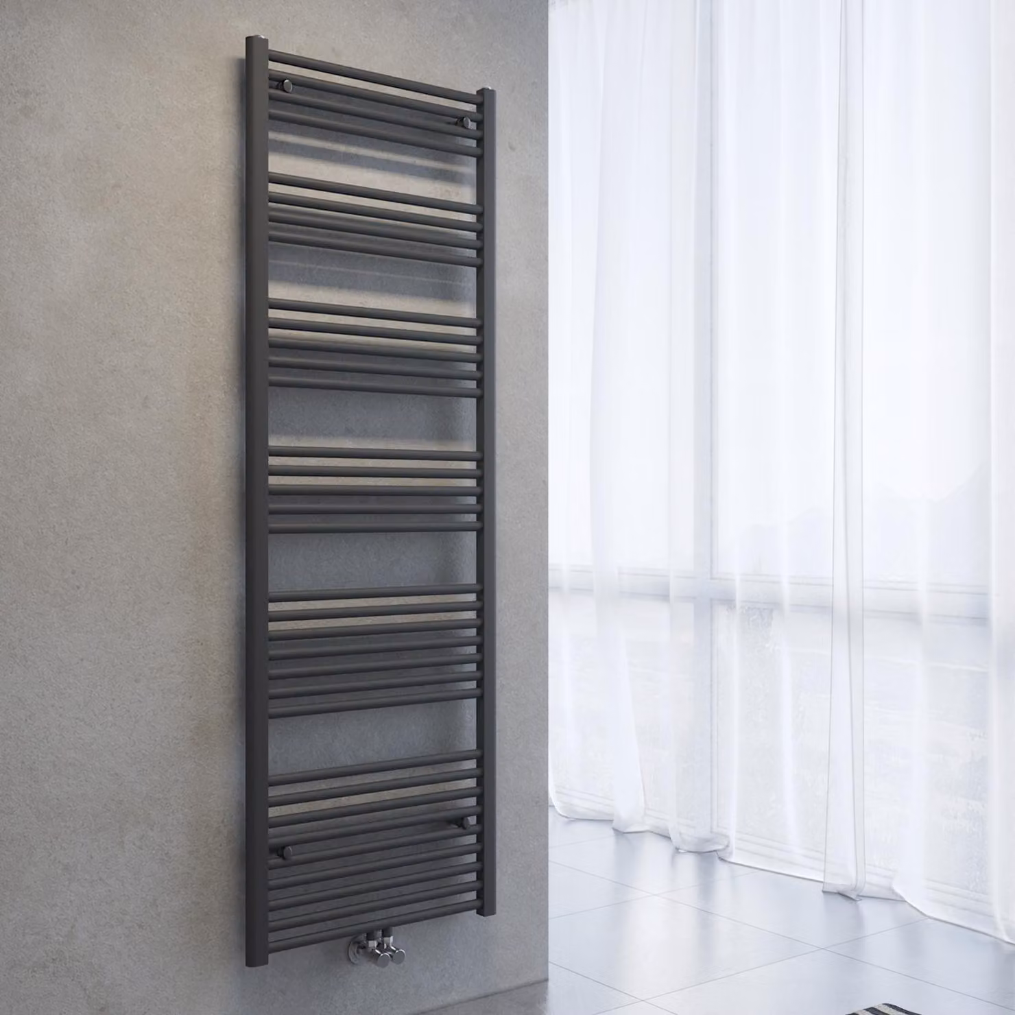 Radiatore asciuga-asciugamani SONNI, dimensioni 1800 x 600 mm, colore grigio antracite, sistema di riscaldamento ad acqua calda, senza resistenza elettrica