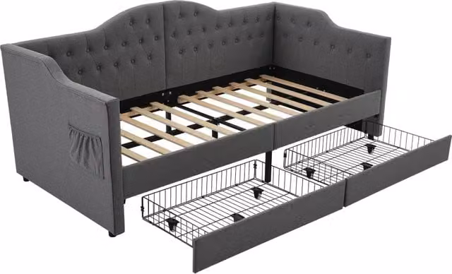 Letto Singolo a Divanetto in Lino Grigio con 2 Cassetti e Porte di Ricarica USB e Type-C L/P/H: 90 x 190 x 105 cm