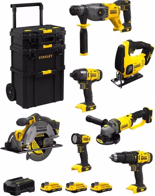 Kit Stanley FatMax SVK700 con avvitatore, trapano, seghetto, multiutensile e 3 batterie ricaricabili da 2,0 Ah in giallo