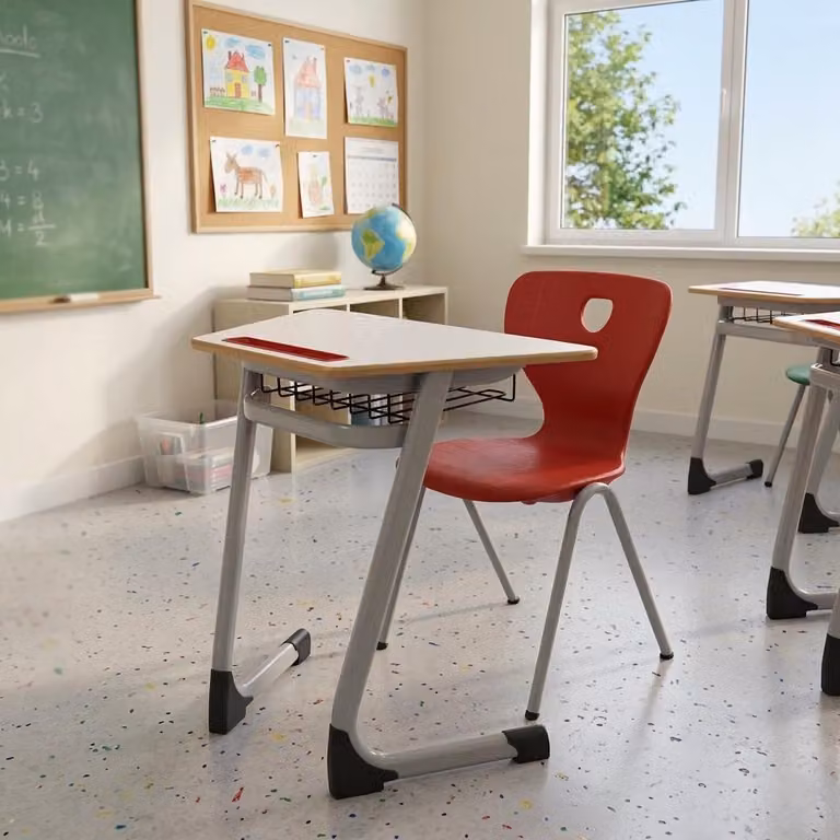 Set scolastico moderno ed ergonomico, grigio: banco rosso e sedia, tavolo singolo