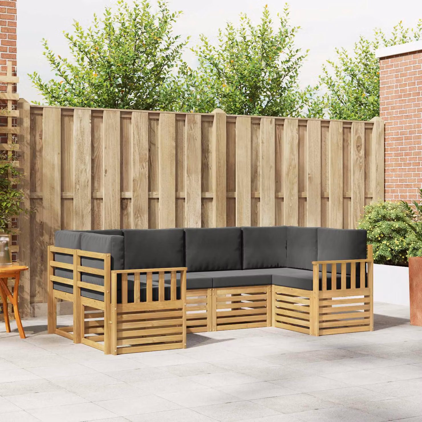 Set di divani da esterno vidaXL 6 pz a forma di L in legno di acacia con cuscini bianchi e antracite