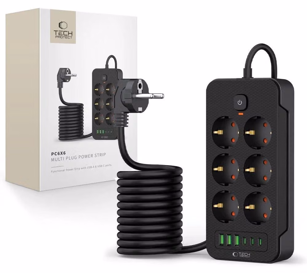 Tech-Protect Pc6X6 Striscia di alimentazione 3 Usb e 3 Type-C e 6 prese 200Cm Nero