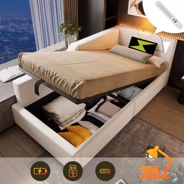 Letto divano singolo 90 × 200 cm con vano idraulico, lampada da lettura e ricarica USB tipo C, senza materasso