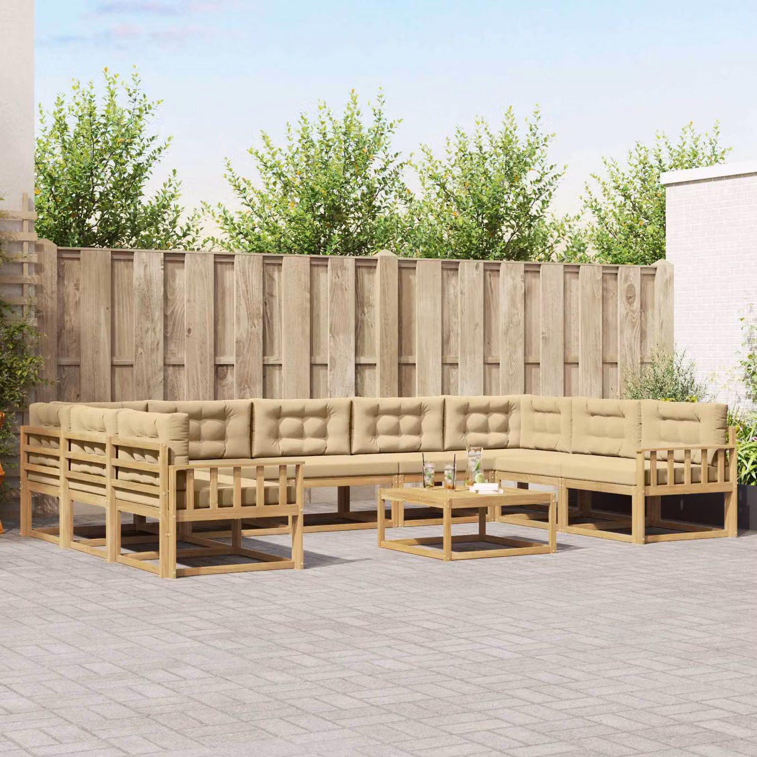 Set di divani da esterno vidaXL 10 pezzi in legno di acacia con tavolo da caffè e cuscini, Bianco e Beige