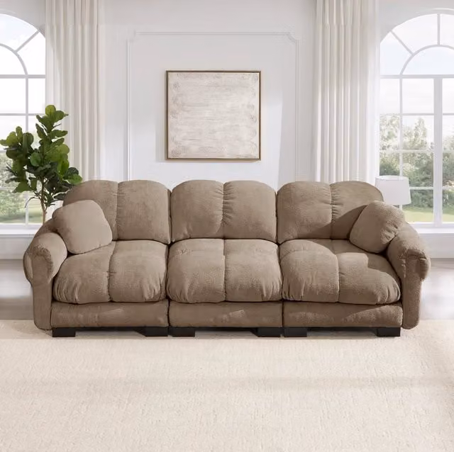 Divano modulare 3 posti 260x86x90 cm in chenille marrone con cuscini trapuntati