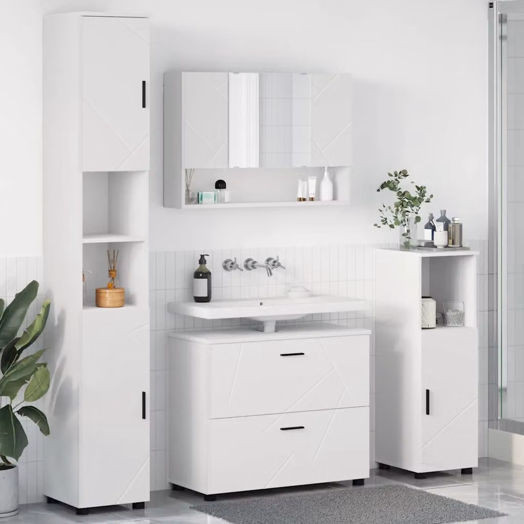 Set di mobili per il bagno vidaXL 4 pezzi Bianco con armadietto specchio, mobile lavabo, mobile laterale e colonna alta L/P/H: 35 x 30 x 192 cm